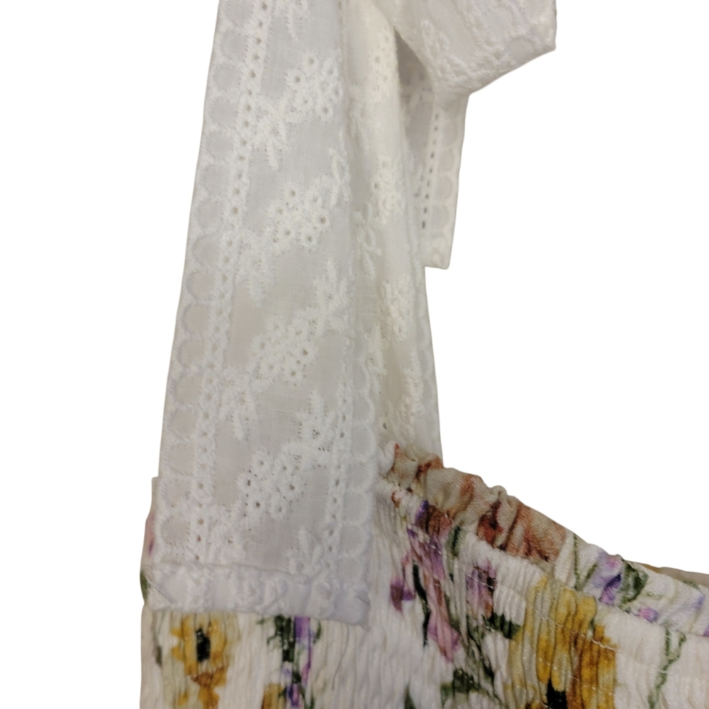 Fanco Floral Smocked Midi Dress Large Cottagecore Tie Shoulder Sundress Romantic - Picture 6 of 11